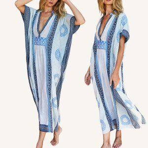 India Collection Emerson Fry Maxi Caftan Cerulean Organic Cotton One Size Boho